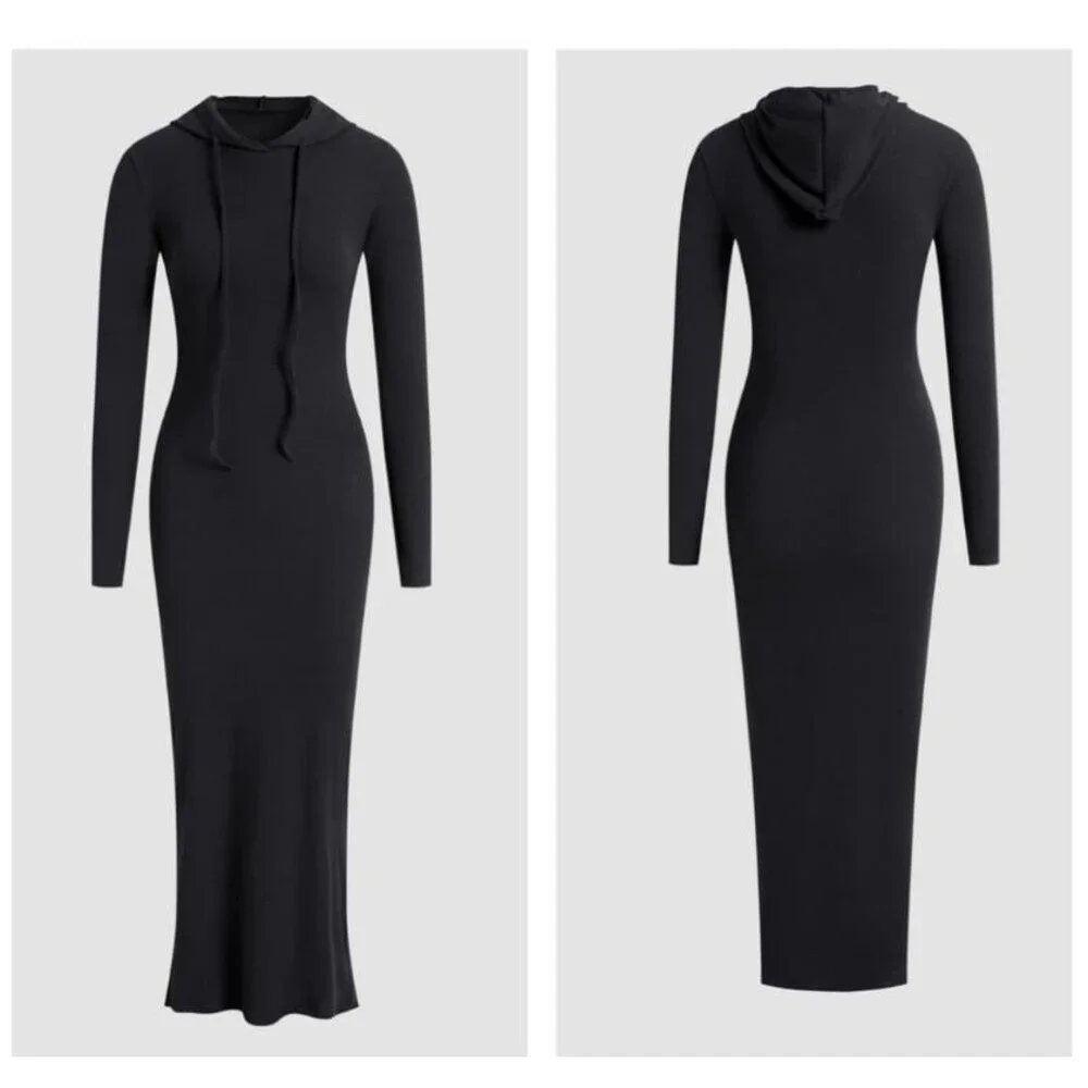 Commense NWT Women Black Drop Shoulder Drawstring Hooded Dress Loungewear Chic - Picture 5 of 12